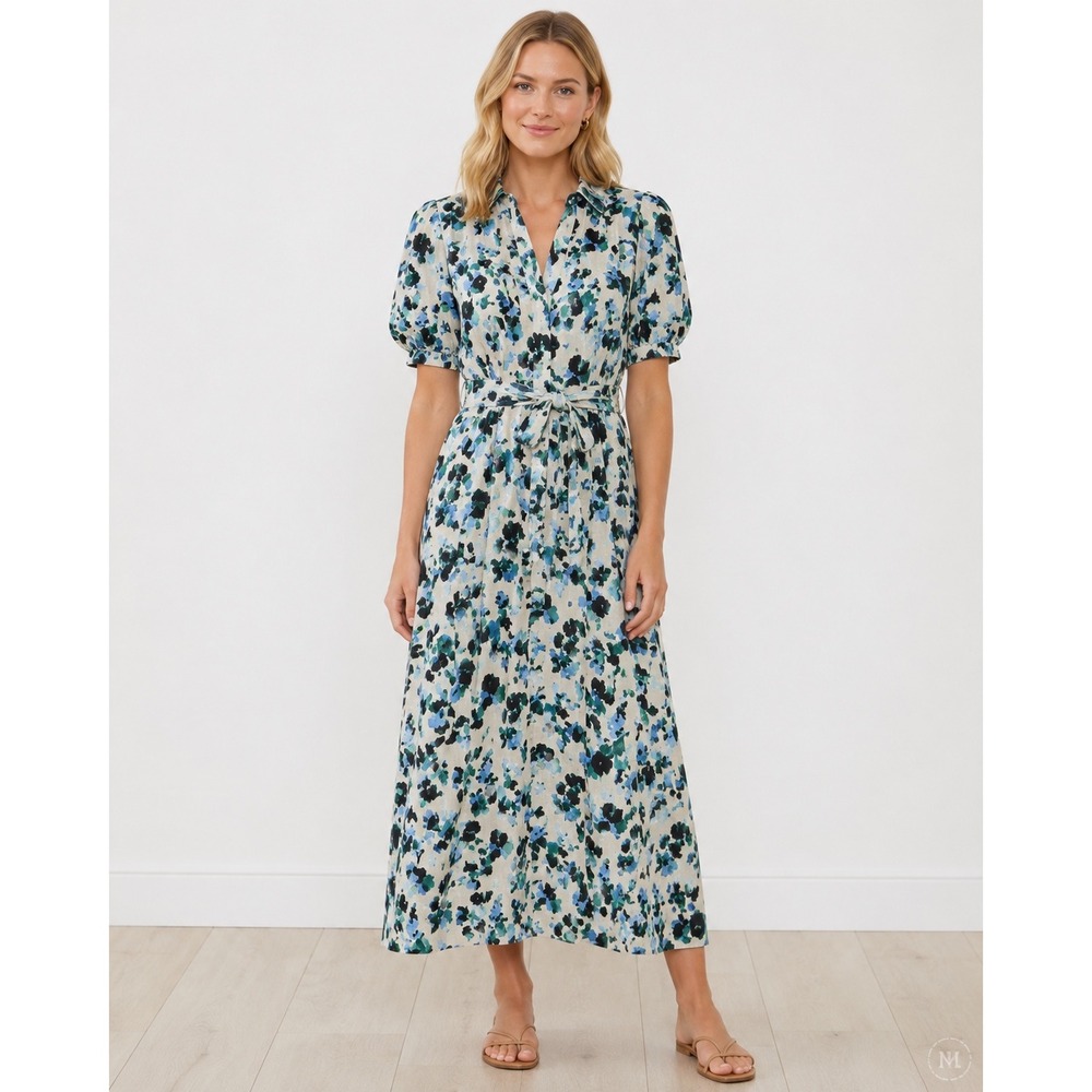 Tuckernuck Blue Blooms Dress Women L Blue Floral NWT Linen Coastal Cottagecore